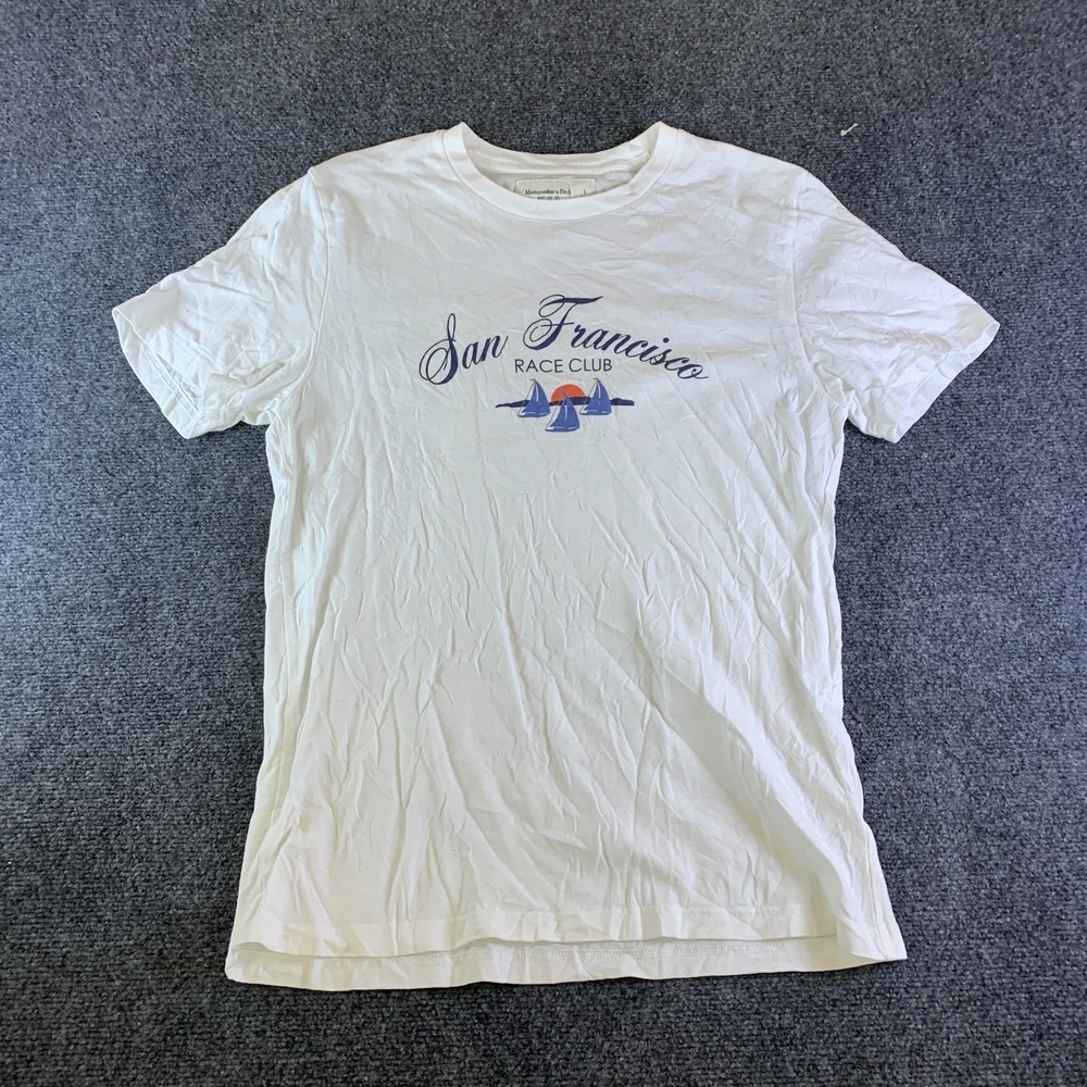Abercrombie & Fitch San Francisco Race Club Tee Shirt Mens L White Sailboats Sun